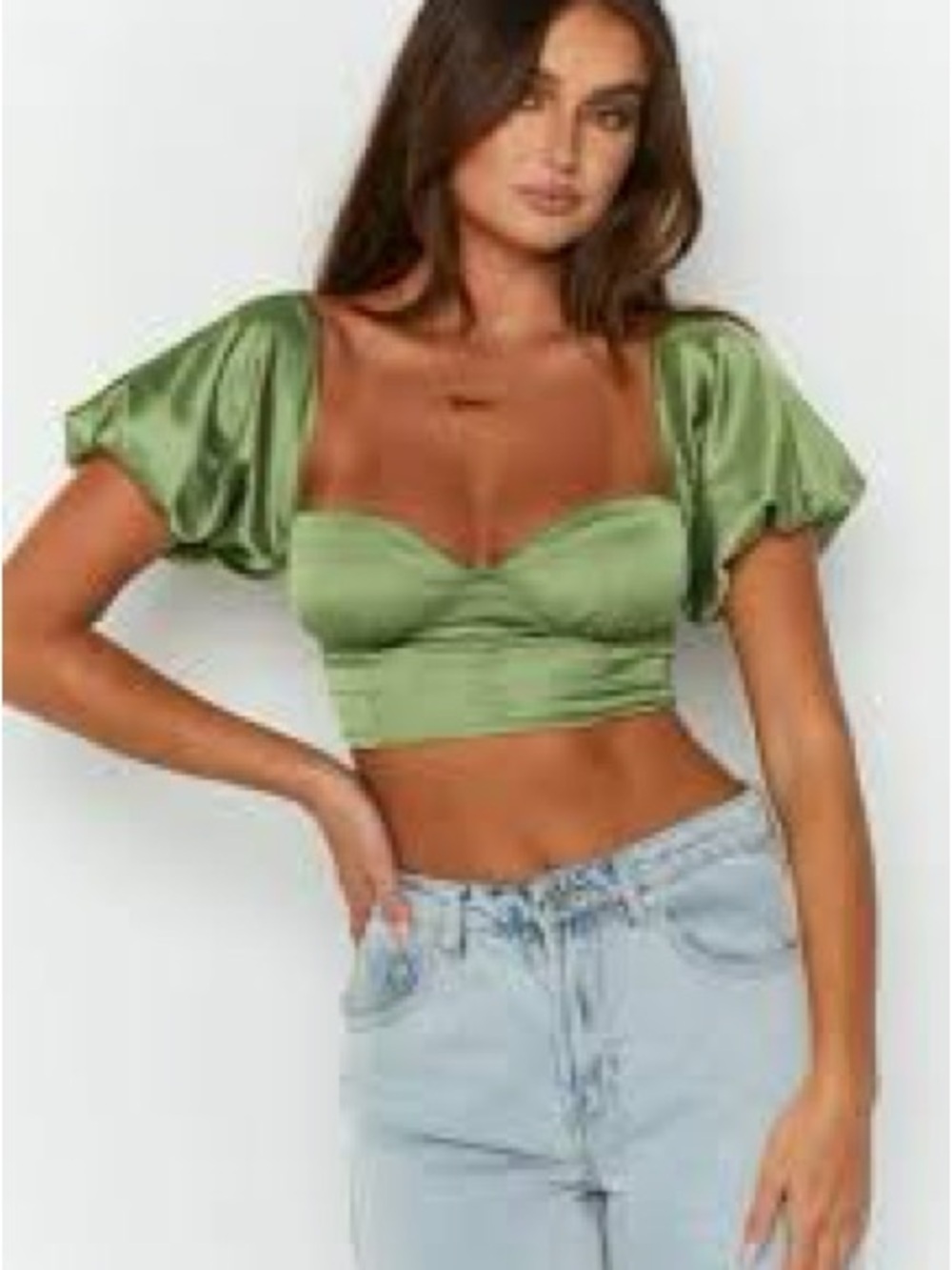 Satin Puff-Sleeve Crop Top - Olive Green